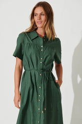 Green Cotton Linen Midi Shirt Dress by Oatland